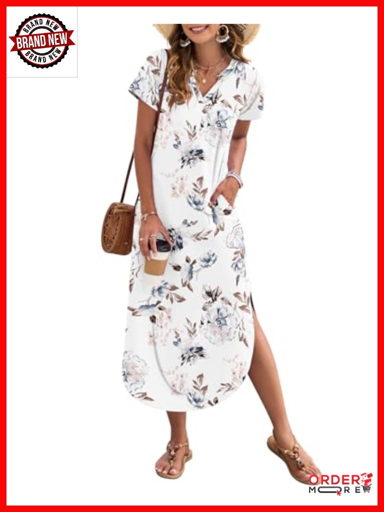 Casual Short Sleeve V Neck Maxi Sundress With Pockets Side Slit